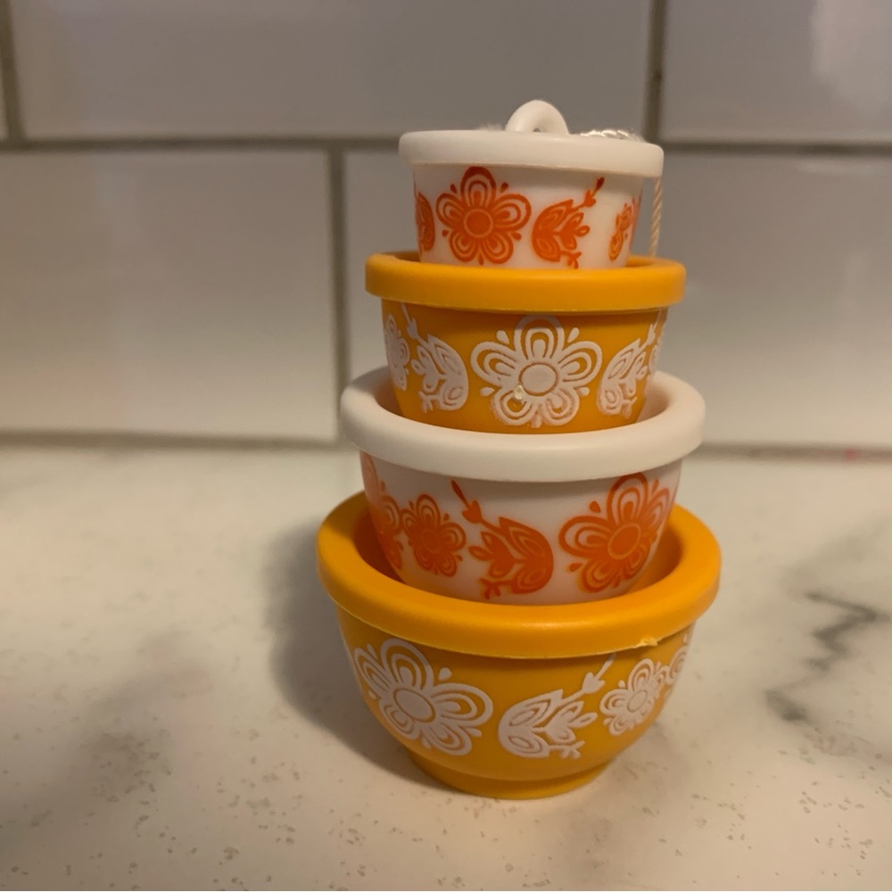 Pyrex Inspired Butterfly Gold Orange and White Floral Nesting Bowls Ornament